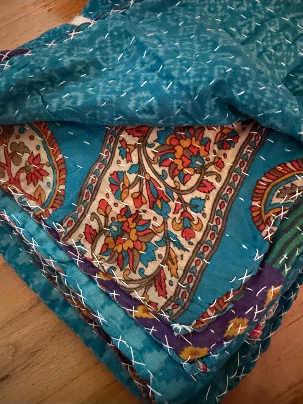 Handmade cotton BOHO Teal Kantha Quilt Blanket